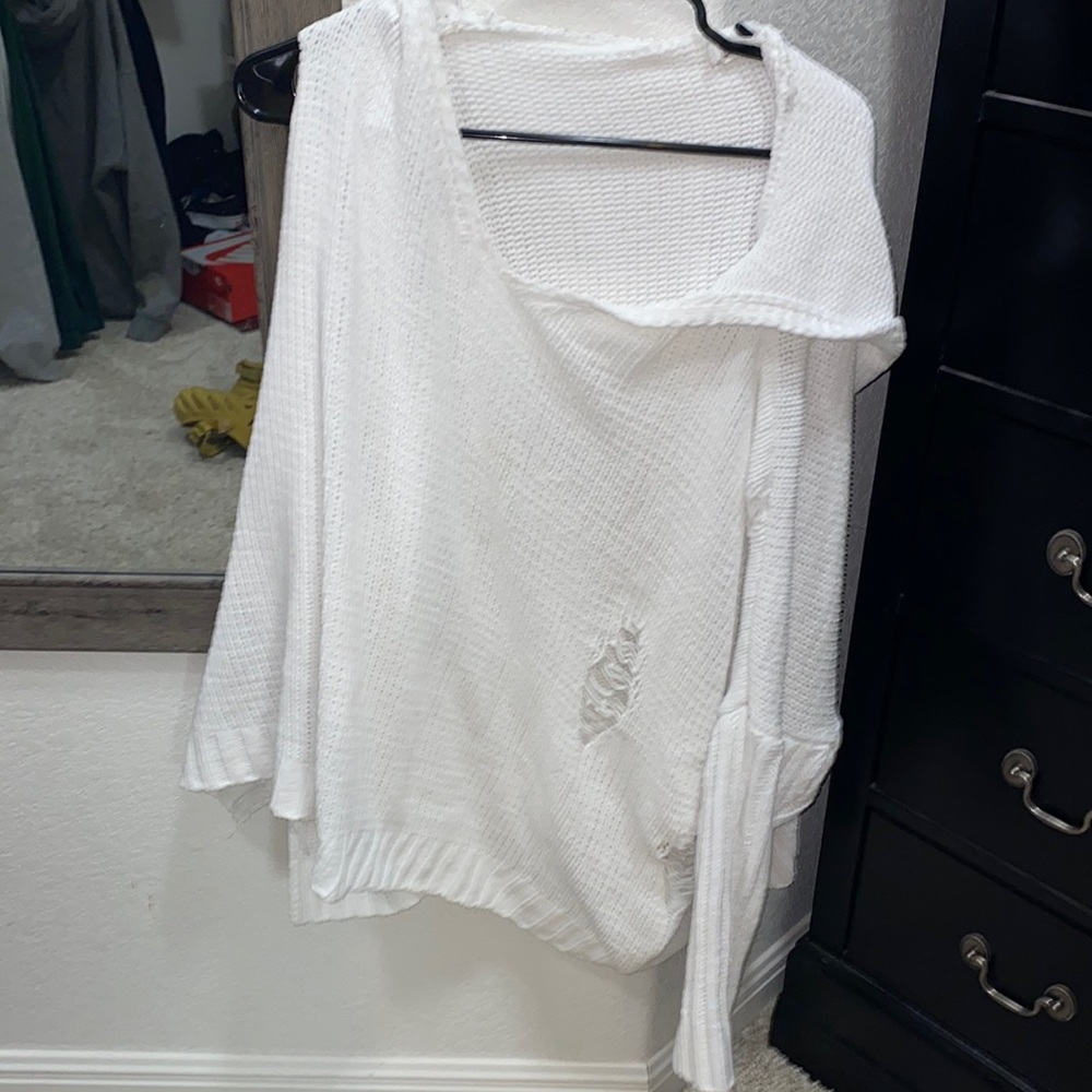 12th tribe Oversized distressed white sweater with hood